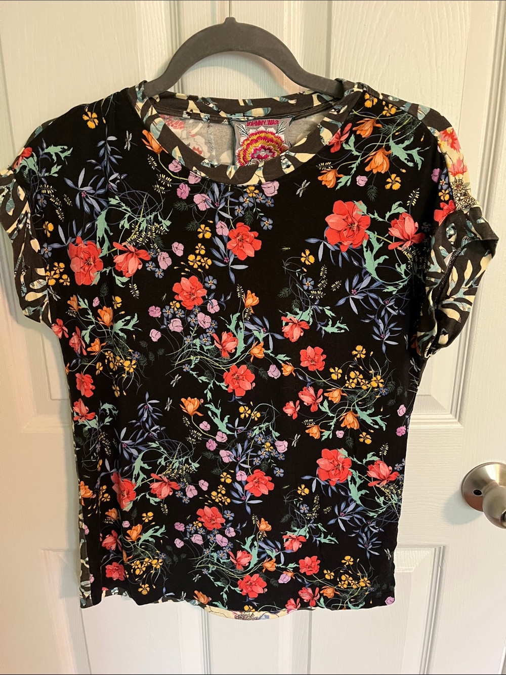 Johnny Was Black Short Sleeve Crewneck Top with Red Floral Print
